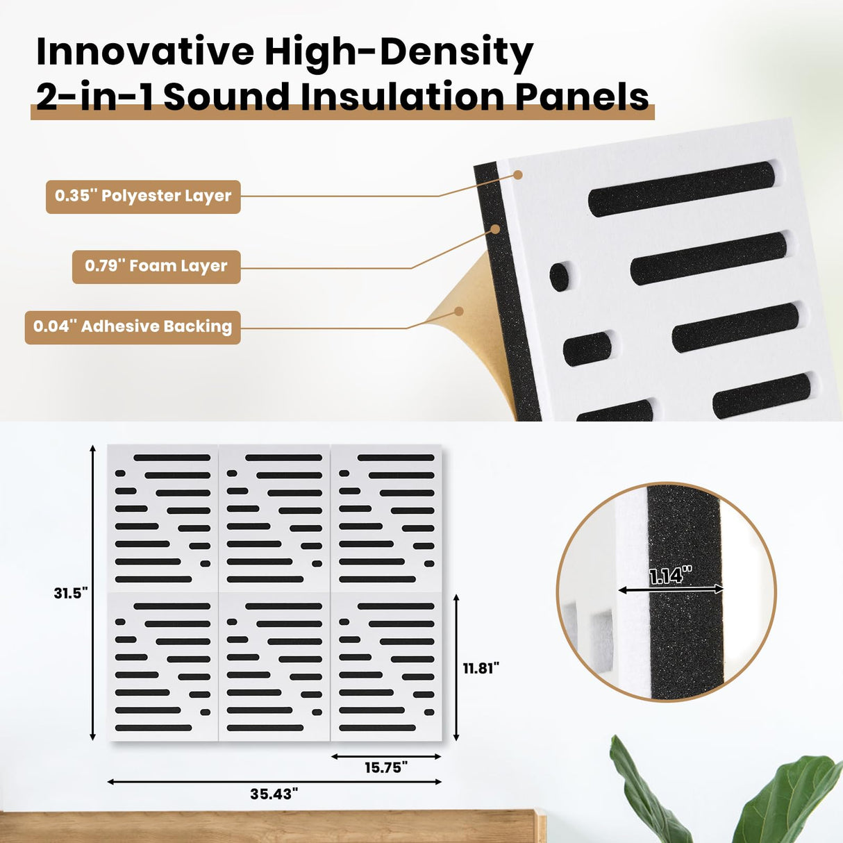6-Pack Dual-Layer Acoustic Panels, 35.4" x 31.5" x 1.14" Professional Sound Absorption Panels, 2-in-1 Design with Polyester & Foam Layers, Self-adhesive Wall Panels for Studio Home Theater Office QUEENLINK