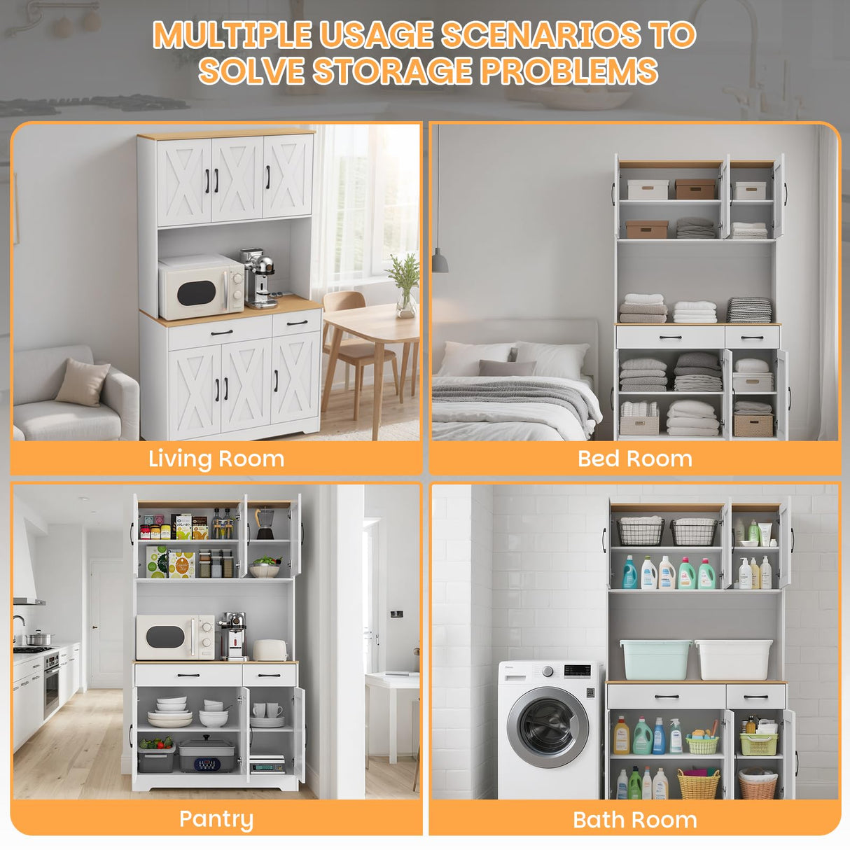 Huisenitre 70 inch Kitchen Pantry Cabinet with Ports, Pantry Cabinet with Microwave Rack, Farmhouse Style Kitchen Pantry with Storage Drawers, Suitable for Living Room, Dining Room, etc (White) Huisenitre