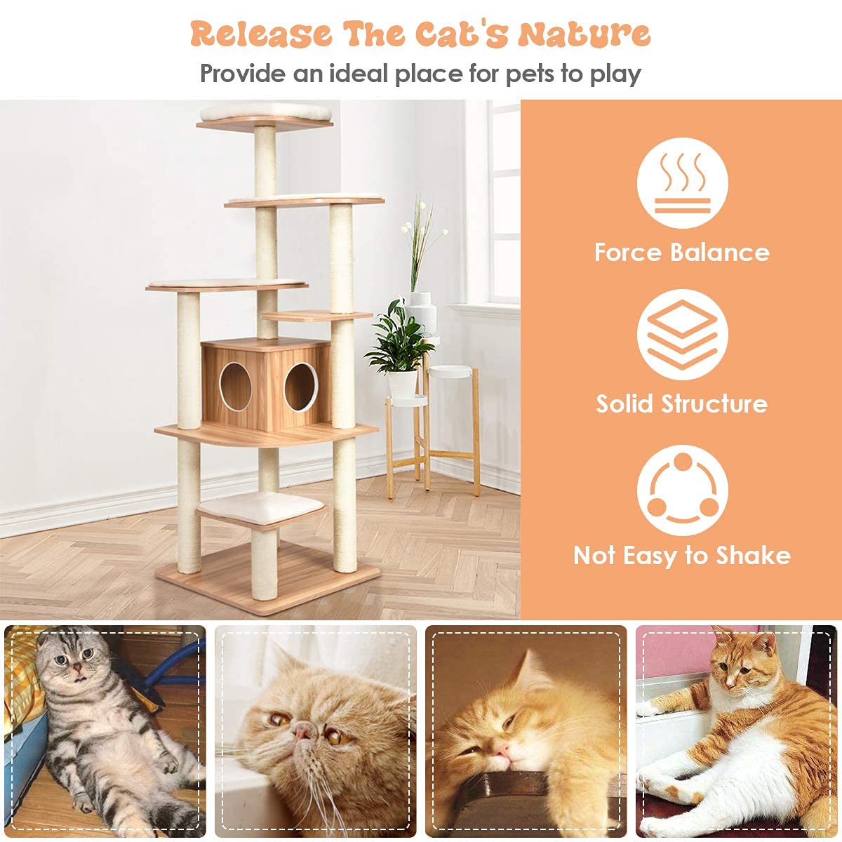 Tangkula Tall Cat Tree, 69-Inch Modern Cat Tower with Sisal Rope Scratching Posts, Wood Cat Tree with Multi-Layer Platform, Cat Condo Furniture with Washable Cushions for Indoor Cats Large Adult Tangkula