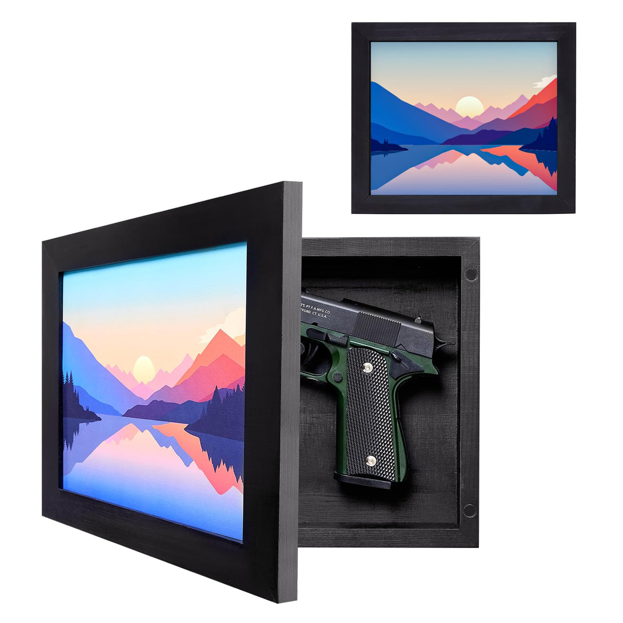 Dononr Hidden Gun Storage, Hidden Gun Safe for Pistols with Magnetic, Wooden Picture Frames for Handgun, Hidden Storage Gun Safe Home Furniture, Concealment Furniture Picture Frame Box, Black Dononr