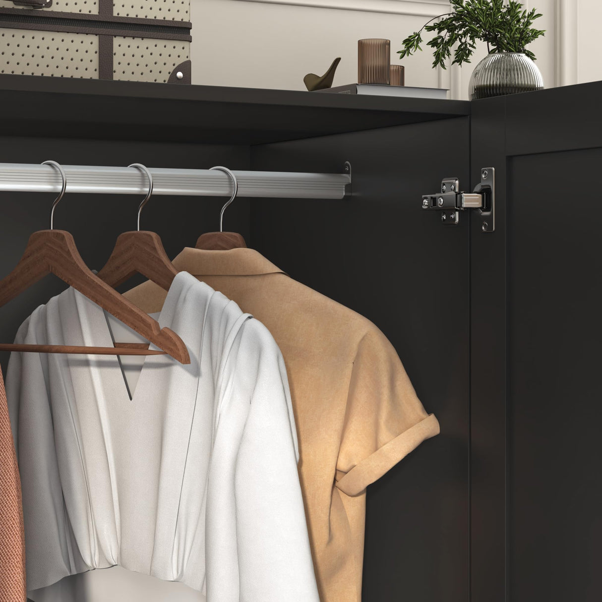 jiteentarou 3 Doors Armoire Wardrobe Closet with 3 Drawers & Mirror, Modern Wooden Bedroom Armoires with Hanging Rod Led Lights for Bedroom, Black jiteentarou