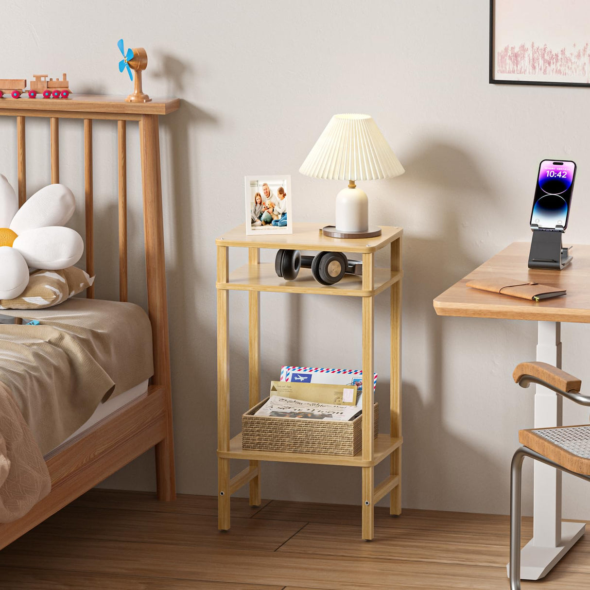 YUFAM 28in Tall Bamboo Side Table 3-Tier Small Narrow End Table, Skinny Nightstand for Small Space, Farmhouse Slim Night Stand with Storage for Couch, Wooden Thin Bedside Table, Natural YUFAM