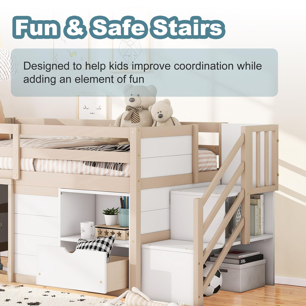 Okak Twin Size Low Loft Bed, Kids Loft Bed Frame with Playhouse, Drawer, Shelf, Stairs for Storage, Toddler Beds Frame with Safety Guardrail and Strong Wood Slats for Girls or Boys - White & Cream Okak