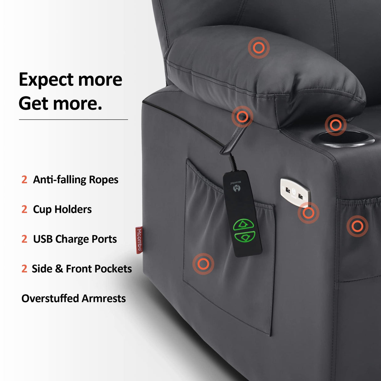 MCombo Large Power Lift Recliner Chair with Massage and Heat for Tall Elderly People, 3 Positions, Cup Holders, and USB Ports, Faux Leather 7516 (Large, Black) MCombo