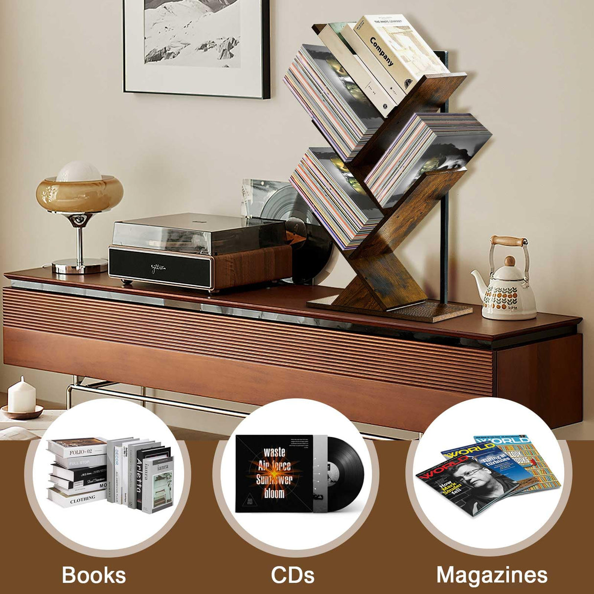 BESHIGH Wood Floating Hanging Shelves Storage for Wall, 4 Tier Wall Mount Tree Bookshelf for Displaying Books/CDs/Magazine, Unique Wall Bookcase for Home, Office, Living Room BESHIGH