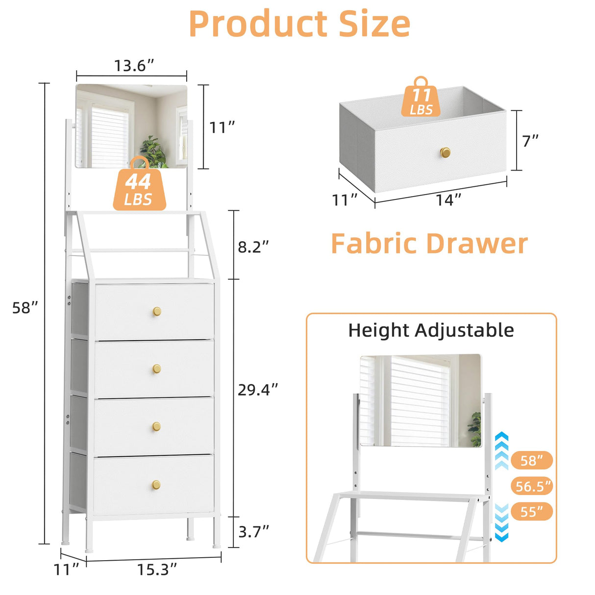HIGDBFE Dresser with Mirror, 4 Drawers Dresser with 2-Tier Shelves, Freestanding Fabric Chest of Drawers for Small Space, Tall Narrow Nightstand Vanity for Bedroom, Hallway, Dorm, White, 15.3" W HIGDBFE