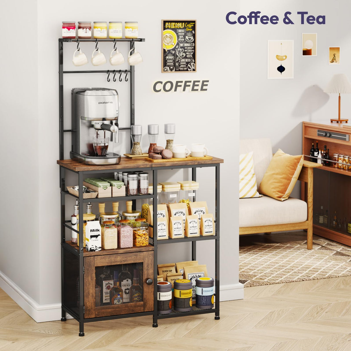 SWTYMIKI Bakers Rack with Storage - Coffee Bar Cabinet Organizer with 8 Hooks, Shelves & Cabinet Door, Coffee Station for Kitchen Dining Room, Microwave Stand with Adjustable Feet, Espresso SWTYMIKI