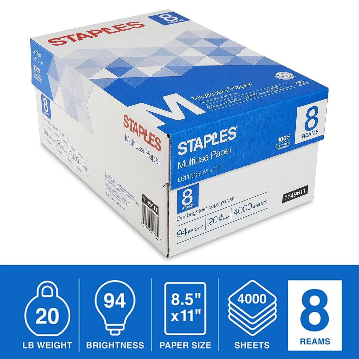Staples Multiuse Copy Paper, 8 1/2" x 11" Letter Size, Fax Inkjet & Laser Printer Paper, 94 Brightness, White Color, 20 lb. Density (500 Sheets/Ream, 8 Reams/Carton) STAPLES