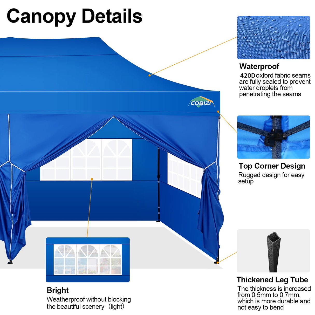 COBIZI 10x20 Pop up Canopy Tent 10x20 Canopy with 6 Sidewalls Waterproof Heavy Duty Commercial Canopy Tent for Parties Outdoor Tent Garden Gazebo Tent, Carry Bag with Wheel(10x20ft, Blue) COBIZI