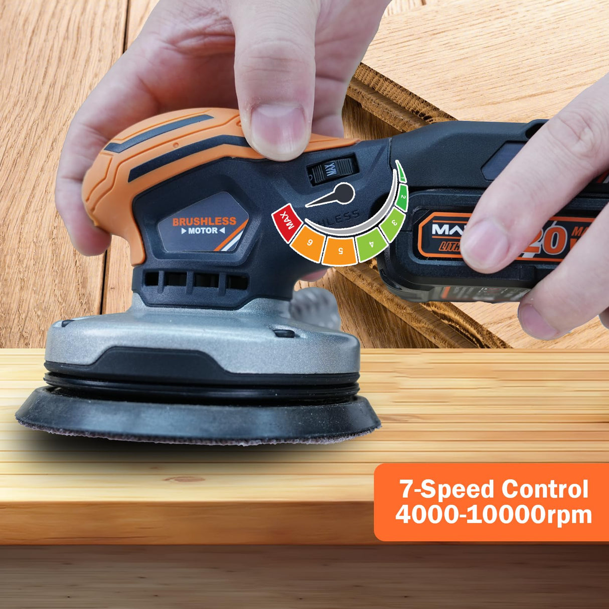 MAXXT 20V Random Orbital Sander, 7-Speed Cordless Sander, 5-Inch Backing Plate 4,000-10,000 rpm High-Performance Woodworking Dust Removal System MAXXT