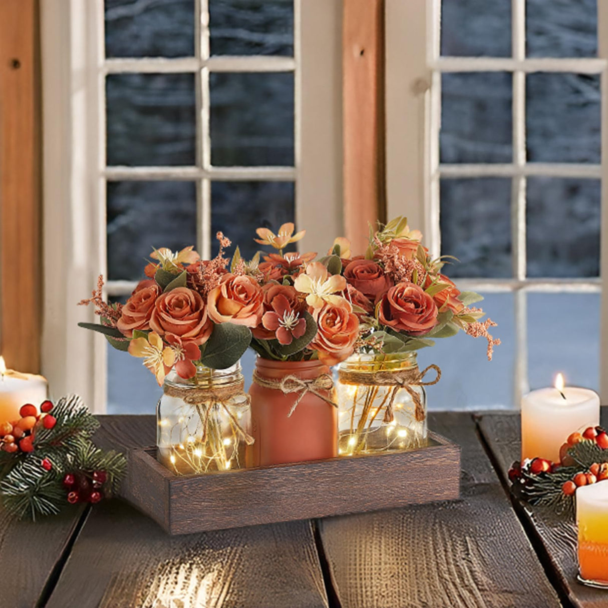 Mkono Mason Jar Lights Centerpiece Table Decorations for Dining Room Farmhouse Coffee Table Decor Tray with 3 Jars Flowers Centerpieces Fall Decor for Kitchen Living Dining Room, Orange Mkono