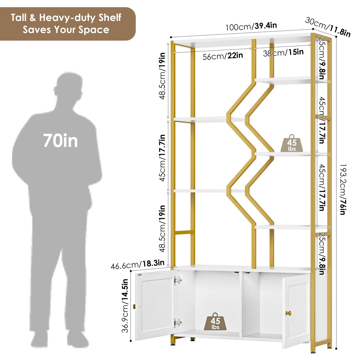 Keyluv 76" Tall Gold Bookshelf with Cabinet Storage, Multifunctional Open Display Bookcase with Door, Large Book Shelf Organizer for Living Room, Home, Office, Heavy Duty Metal & Wood, Modern White Keyluv