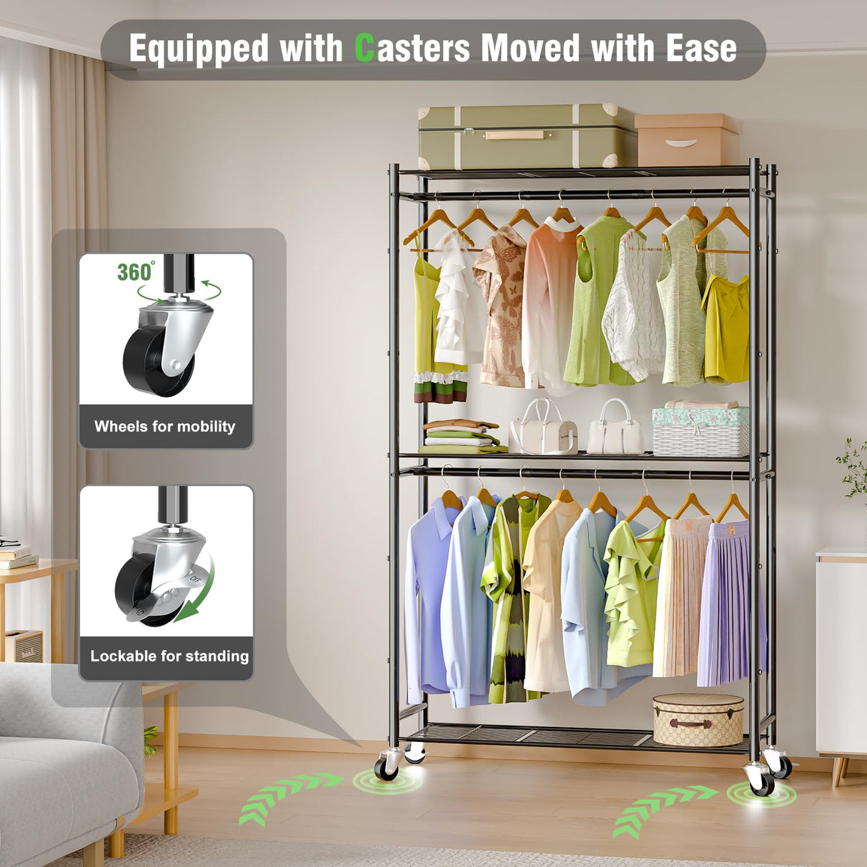 Neatrays Rolling Clothes Rack for Hanging Clothes, Metal Clothing Garment Rack with Double Rods & 3 Wire Shelves, Portable Wardrobe Closet with Wheels Neatrays