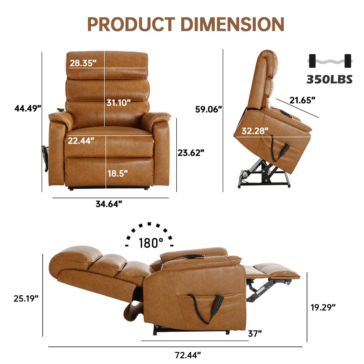 EZZUP Lay Flat Lift Chair with Heat and Massage, Dual Motor Recliner with Infinite Position, Up to 350 LBS Electric Power Lift, Yellow Brown Leather Recliner EZZUP