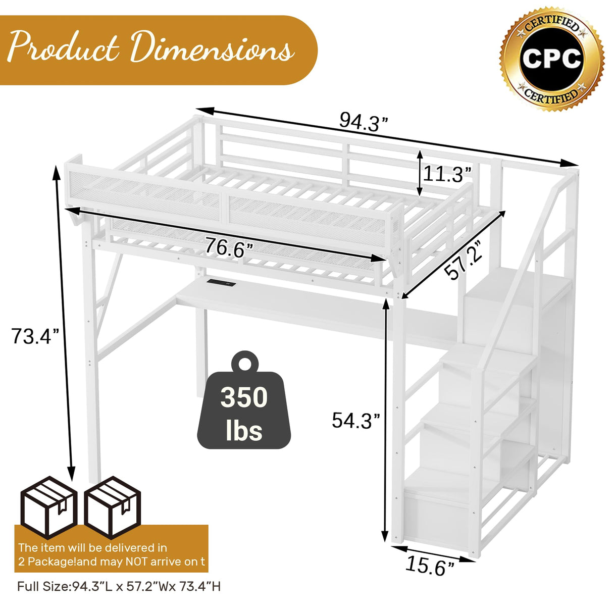 Full Loft Bed with Desk and RGB Light, Metal Loft Bed Frame with Stairs and Bedside Shelf, Heavy-Duty Lofts Beds with Storage Shelves and Wardrobe for Kids Teens, White Mirightone