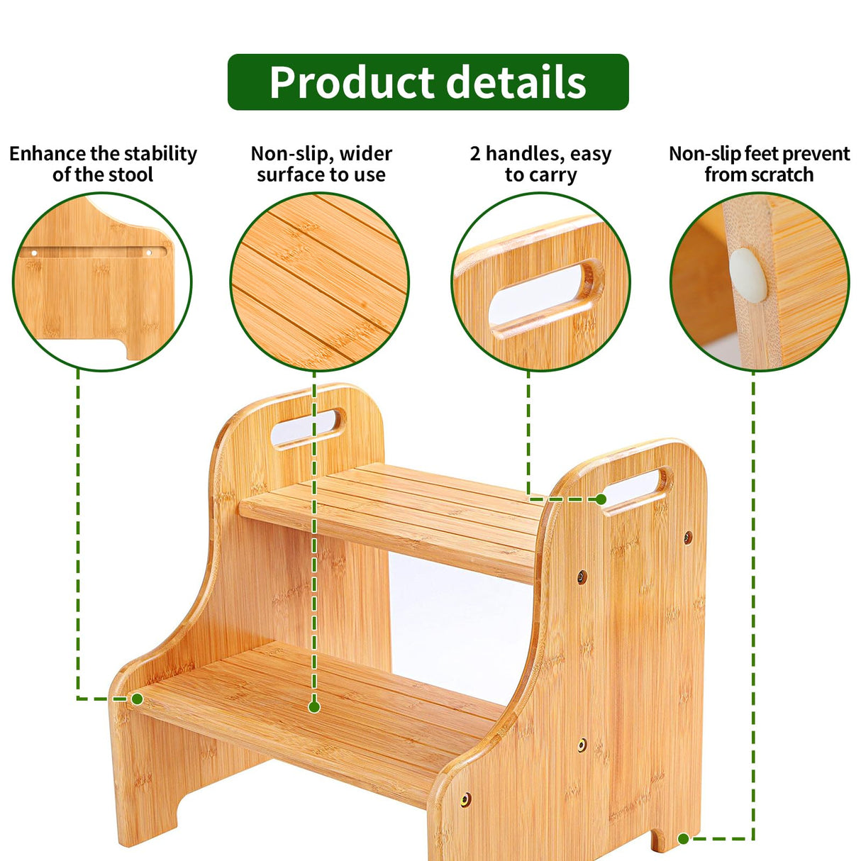 VaeFae Bamboo 2 Step Stool with Non-Slip Step Treads and 2 Cutout Handles VaeFae
