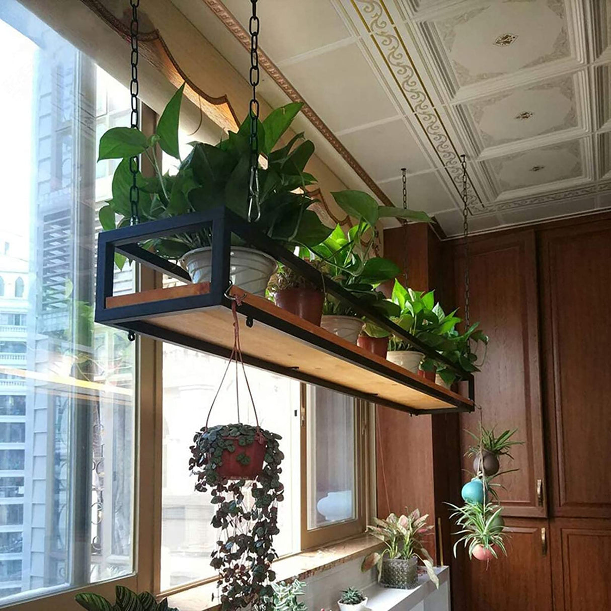 Ceiling Hanging Shelf Kitchen Storage Shelving, Flower Stand, Plant Railing Shelf with Solid Wood Board and Iron Frame, for Bar Flower Shop Balcony (Size : 60cm) FAFZ