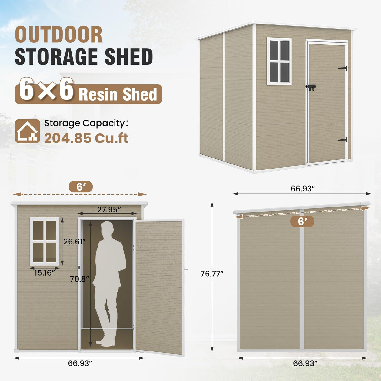 VONZOY Outdoor Storage Shed, 6x6 FT Resin Shed with Floor and Lockable Door, Window & Vents, Tool Sheds & Outdoor Storage for Bike, Garden Accessories, Tools, Waterproof (Light Brown) VONZOY