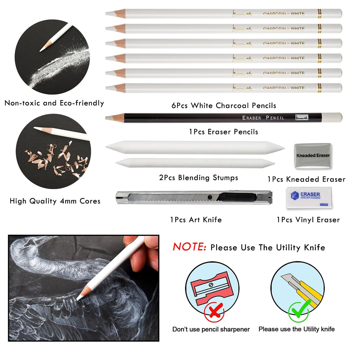 Brusarth White Charcoal Pencils Set - 12 Piece Sketch Highlight White Pencils Set for Drawing, Sketching, Shading, Blending, Artist Pencils for Artists, Professionals or Beginners Brusarth