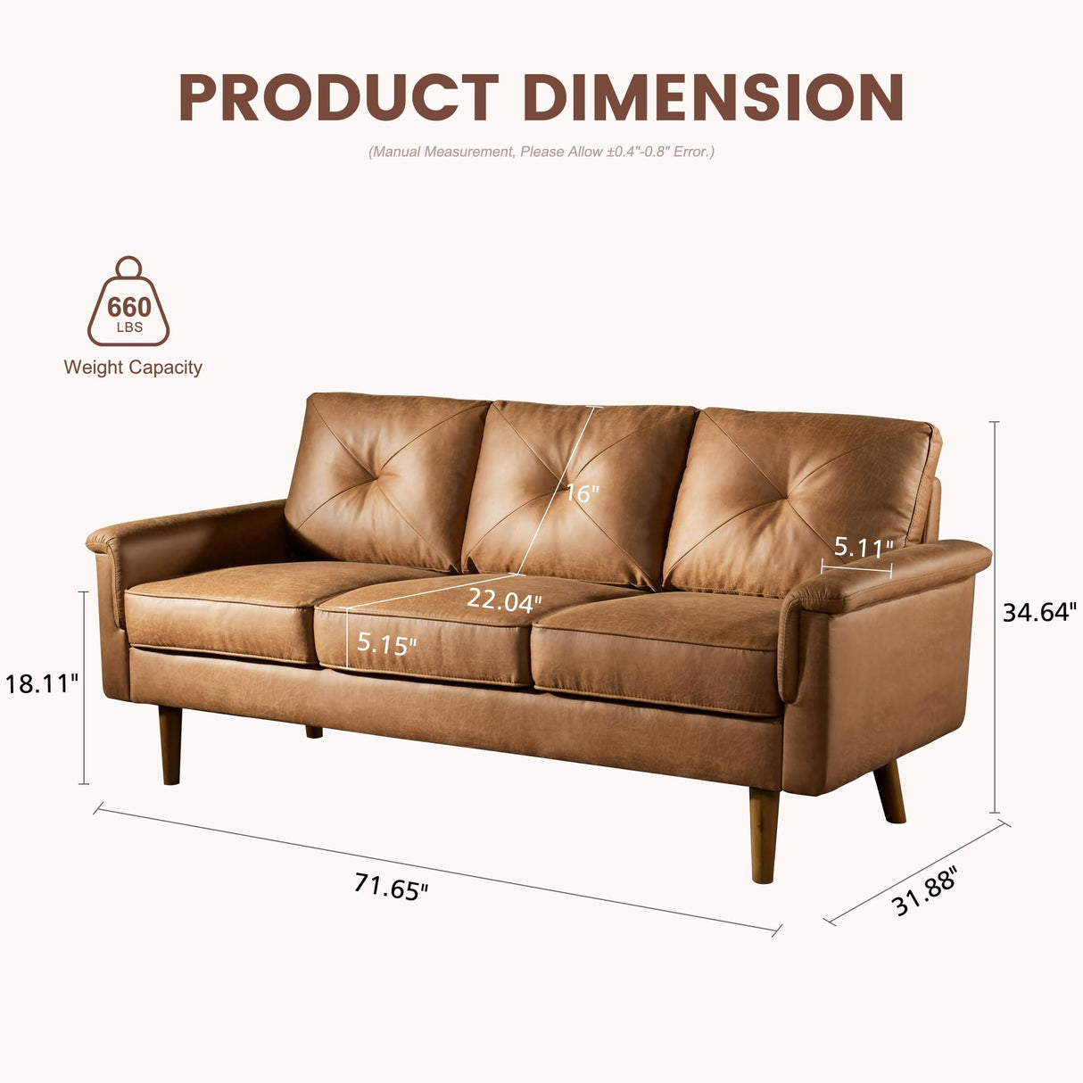 ovios Luxury 3 Seater Sofa with Faux Leather,Mid-Century Modern Couch with Comfortable Armrest,Comfy Couches with Deep Seat,Small Sofas for Living Room Bedroom (Light Brown) ovios