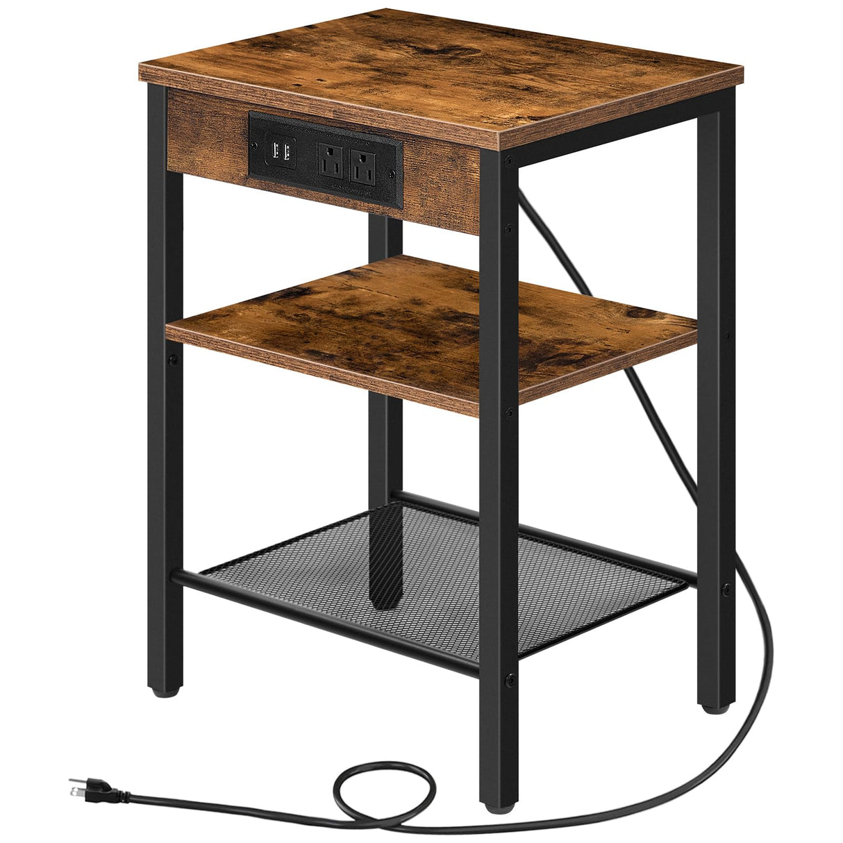 HOOBRO End Table with Charging Station and USB Ports, 3-Tier Nightstand with Adjustable Shelf, Small Side Table for Small Space in Living Room, Bedroom and Balcony, Rustic Brown BF112BZ01 HOOBRO