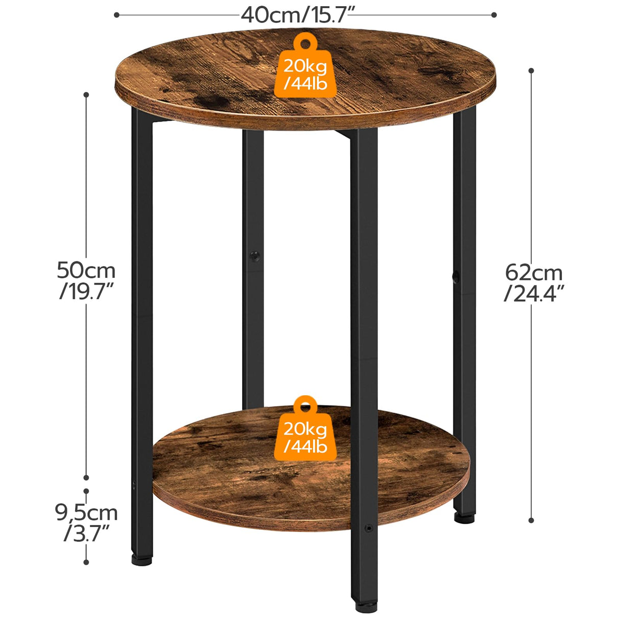 HOOBRO Side Table, Round Sofa Couch Table with Storage Shelf, 2-Tier Industrial End Table, Stable Metal Frame, Wooden Look Accent Table for Small Spaces, Living Room, Bedroom, Rustic Brown BF58BZ01G1 HOOBRO