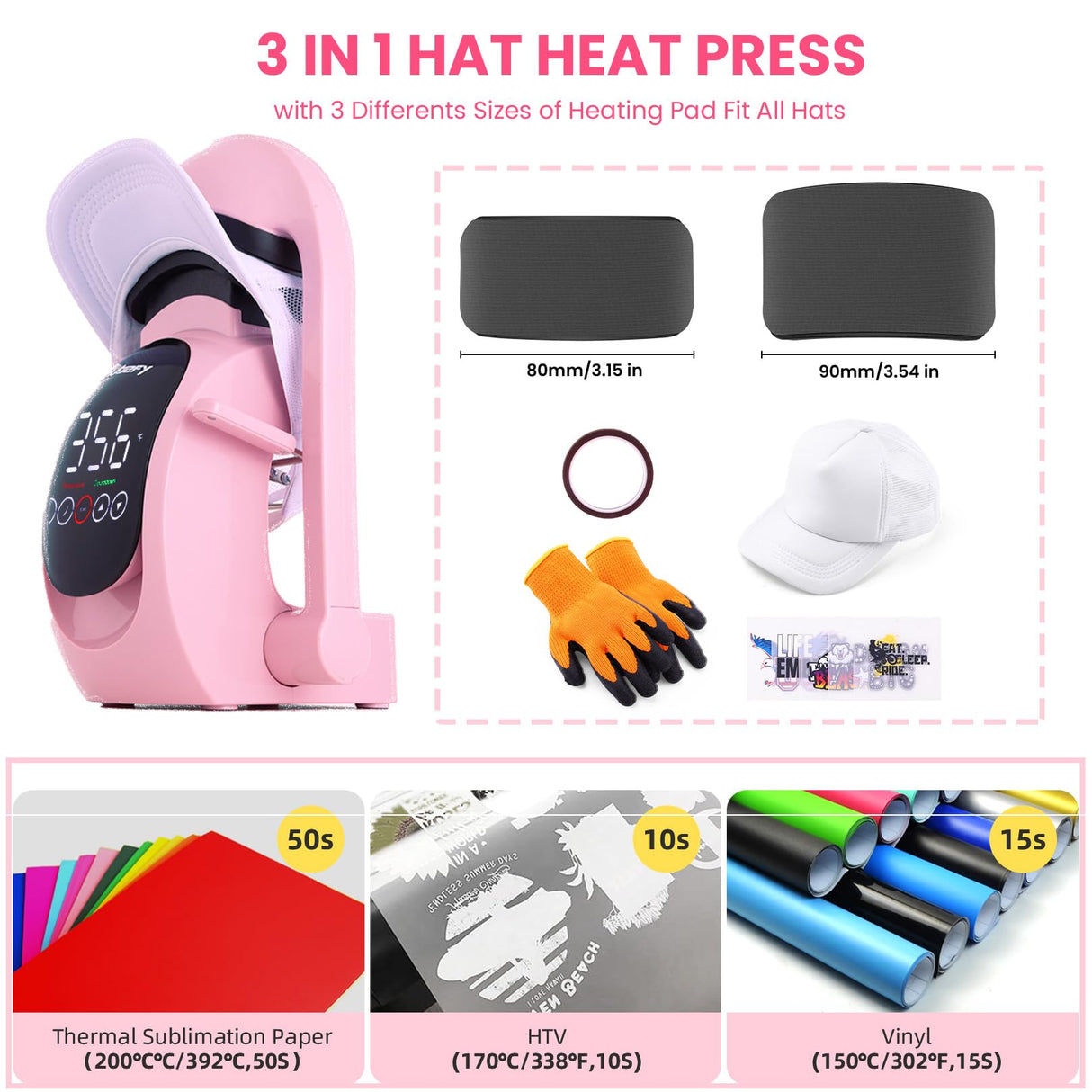 Whubefy Auto Hat Press Heat Machine for Caps, Hat Heat Transfer 3-in-1 Cap Heat Press with 3 Pcs Plates (70/80/90mm), Pink Touchscreen Hat Press Machine with 5 DTF, 1 Hat, for All Hat Shapes Whubefy