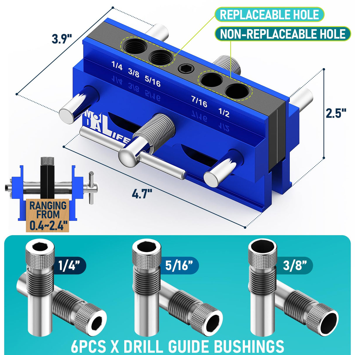 LIFEMODA Self Centering Doweling Jig Kit, Drill Jig For Straight Holes Biscuit Joiner Set With 6 Drill Guide Bushings, Adjustable Width Drilling Guide Tool Accessory Jigs (Blue) Lifemoda