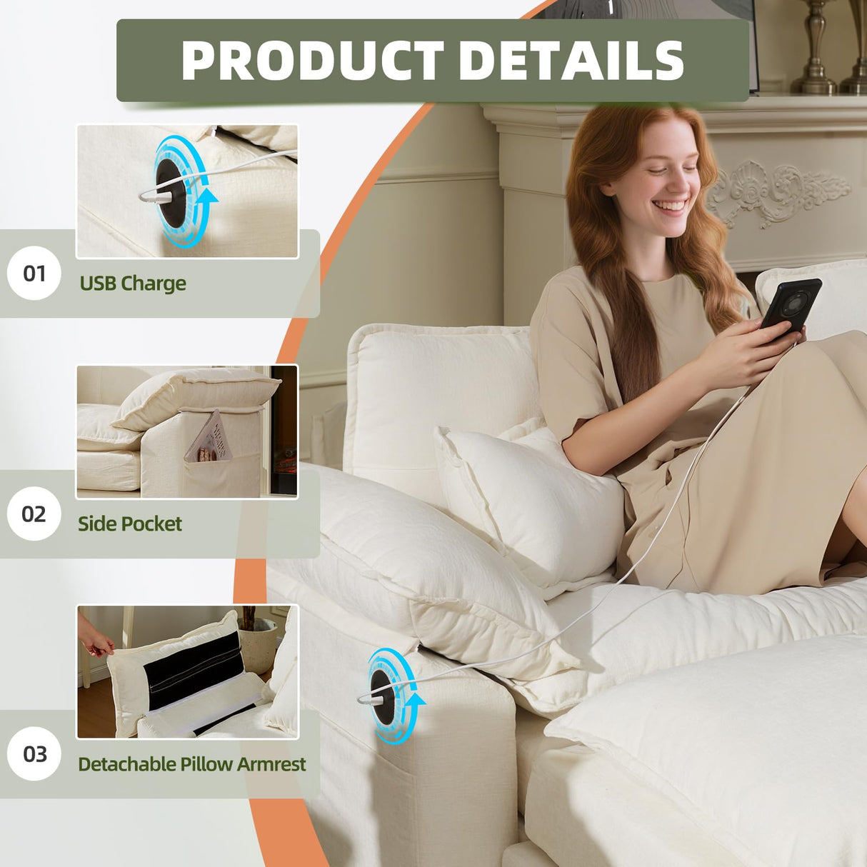 Mvpipi 108" Modular Sectional Sofa, Comfy Cloud Couch with Ottoman & USB Port for Living Room, L Shaped Modern Chenille Couches with Throw Pillows for Bedroom, Apartment, White Mvpipi