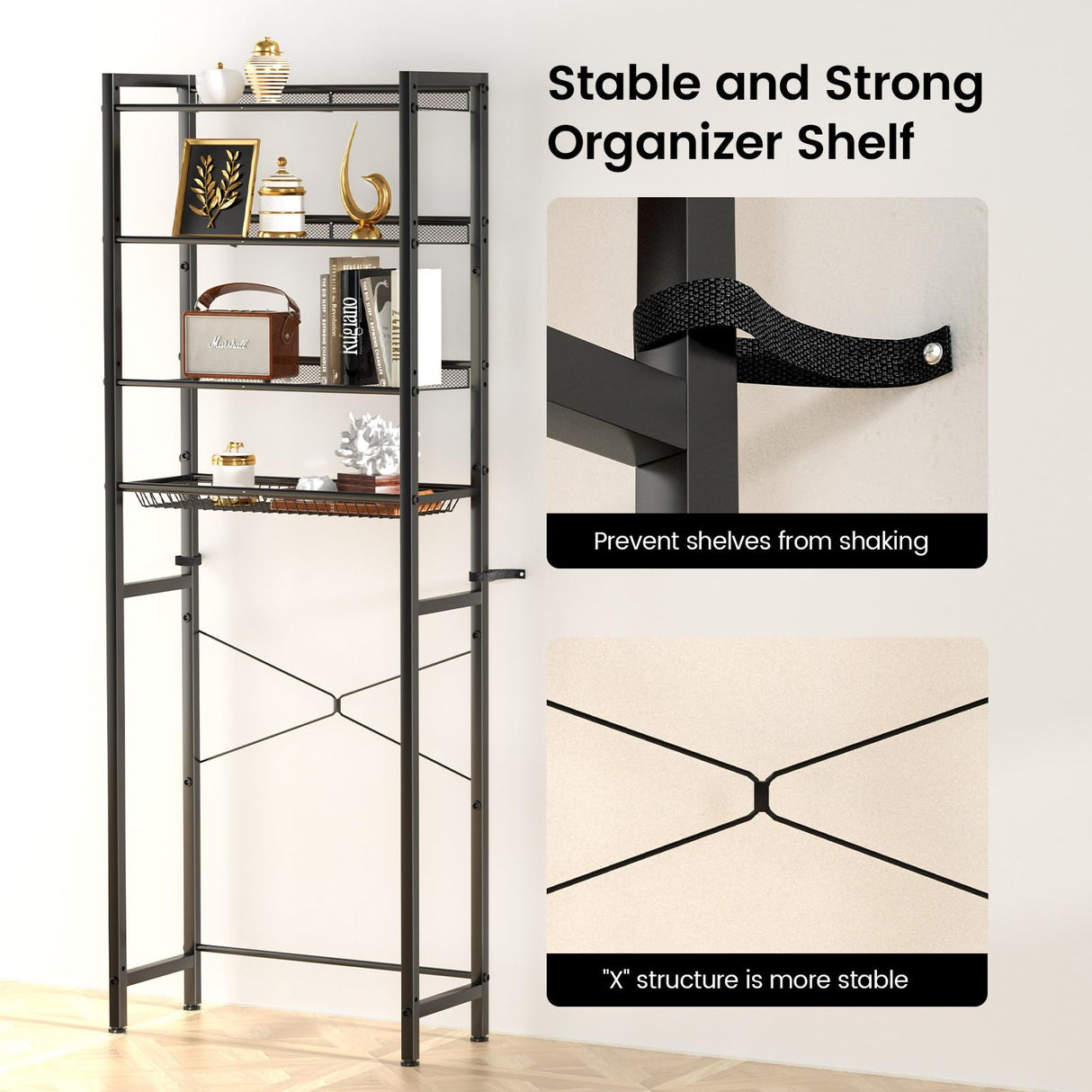 IFELS Over The Toilet Storage Cabinet, Over Toilet Bathroom Organizer Shelf 4 Tier Large Capacity, Sturdy Space Saving Bathroom Shelves Over Toilet Storage, Pre Drilled Holes, Easy to Assemble(Black) IFELS