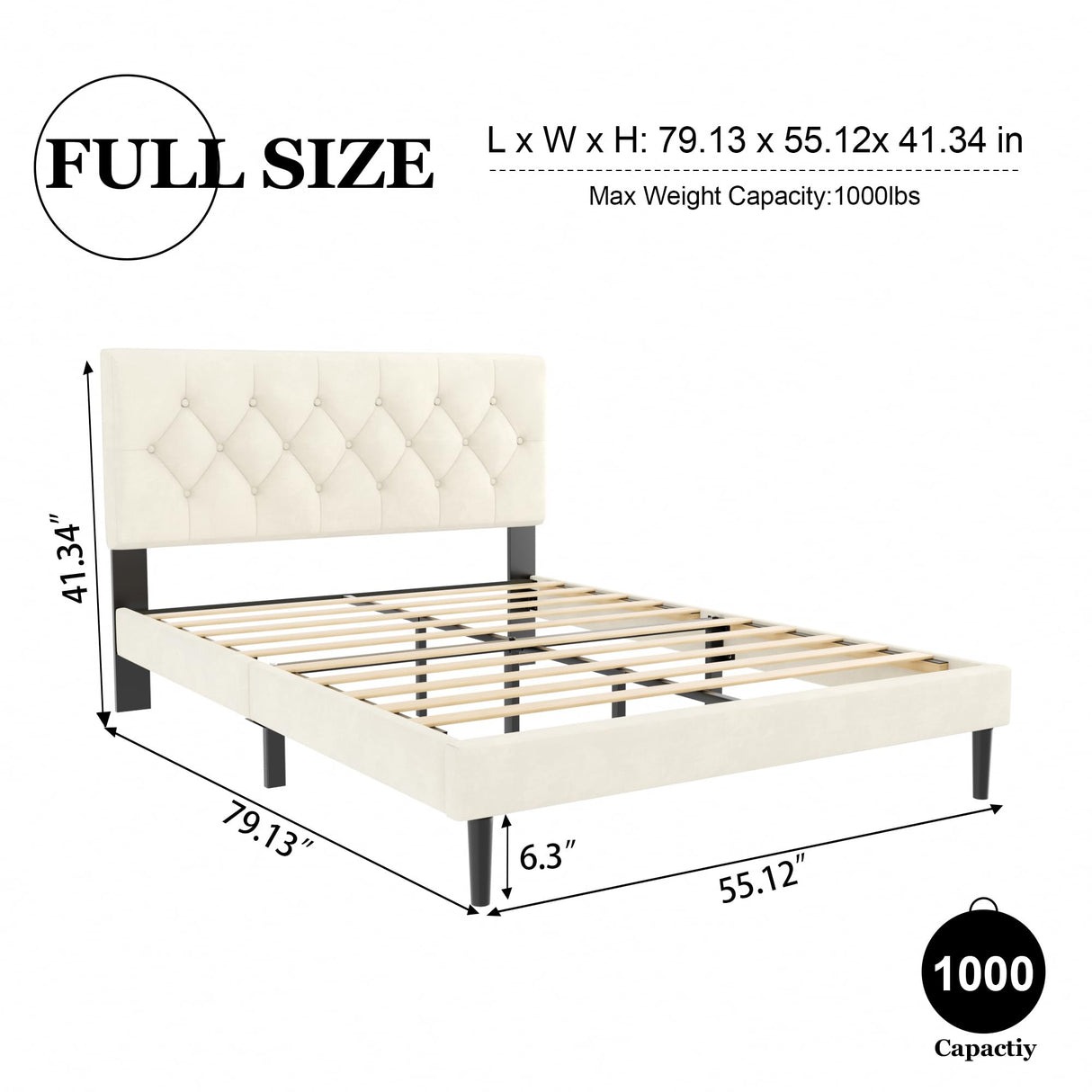 HAOARA Full Size Platform Bed Frame with Upholstered Button Tufted Headboard, Mattress Foundation with Wooden Slat Support, Noise Free, No Box Spring Needed, Easy Assembly, Beige Velvet HAOARA