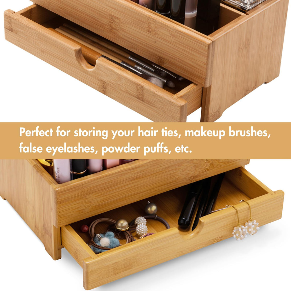 GOBAM Bamboo Makeup Organizer and Storage with Drawer, Wooden Cosmetic Organizer Countertop for Bathroom, Bedroom, Kitchen & Dresser, Desk Organizer with Drawers and Make up Vanity Station - Medium GOBAM