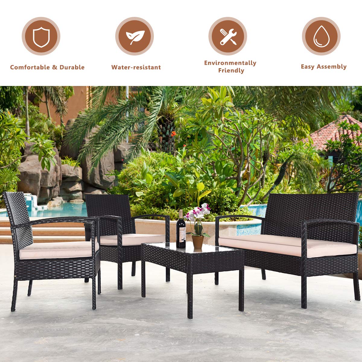 COSTWAY 4 PCS Patio Rattan Conversation Furniture Set Cushioned Seat Glass Tabletop COSTWAY