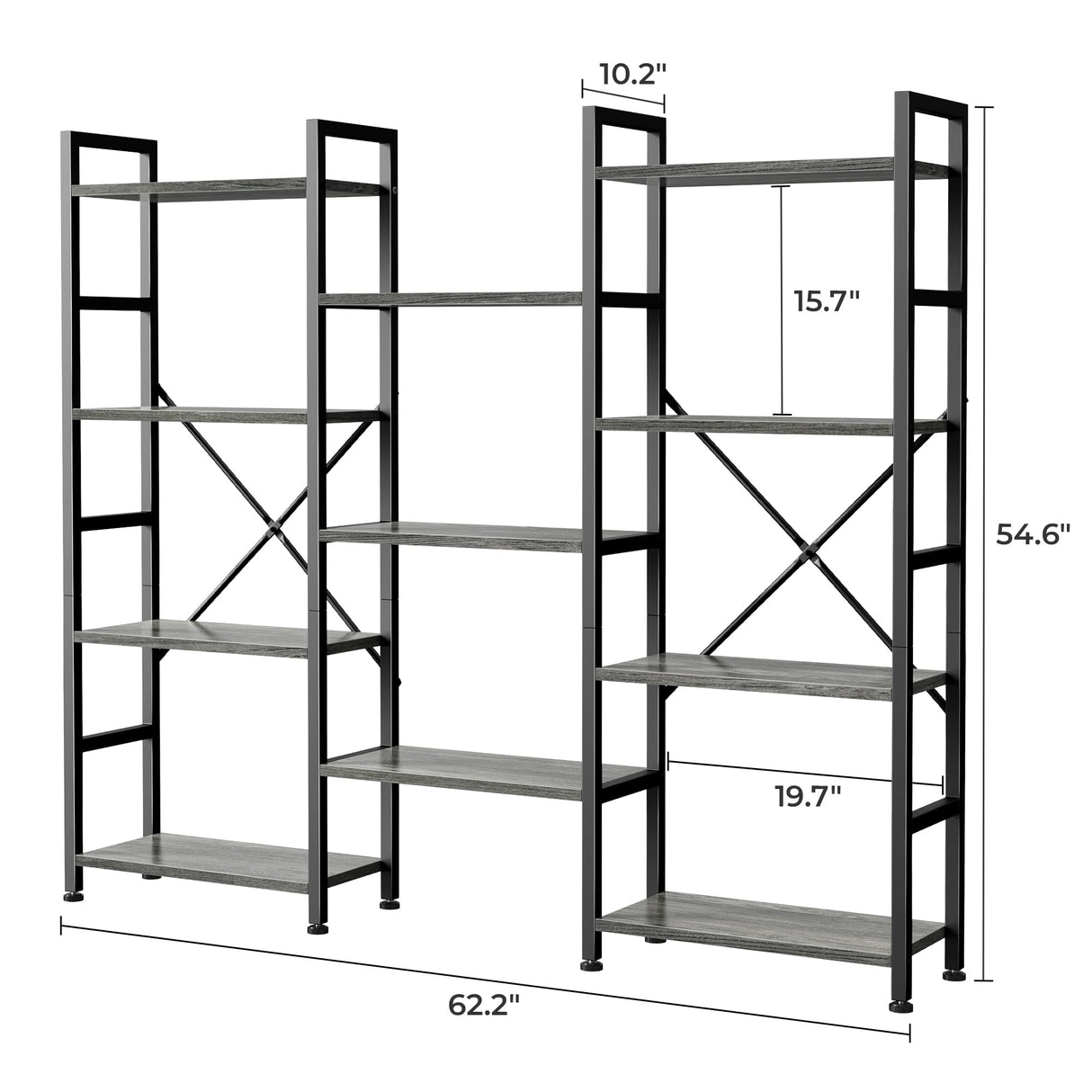 SUPERJARE Triple 4 Tier Bookshelf, Bookcase with 11 Open Display Shelves, Wide Book Shelf Book Case for Home & Office, Grey SUPERJARE