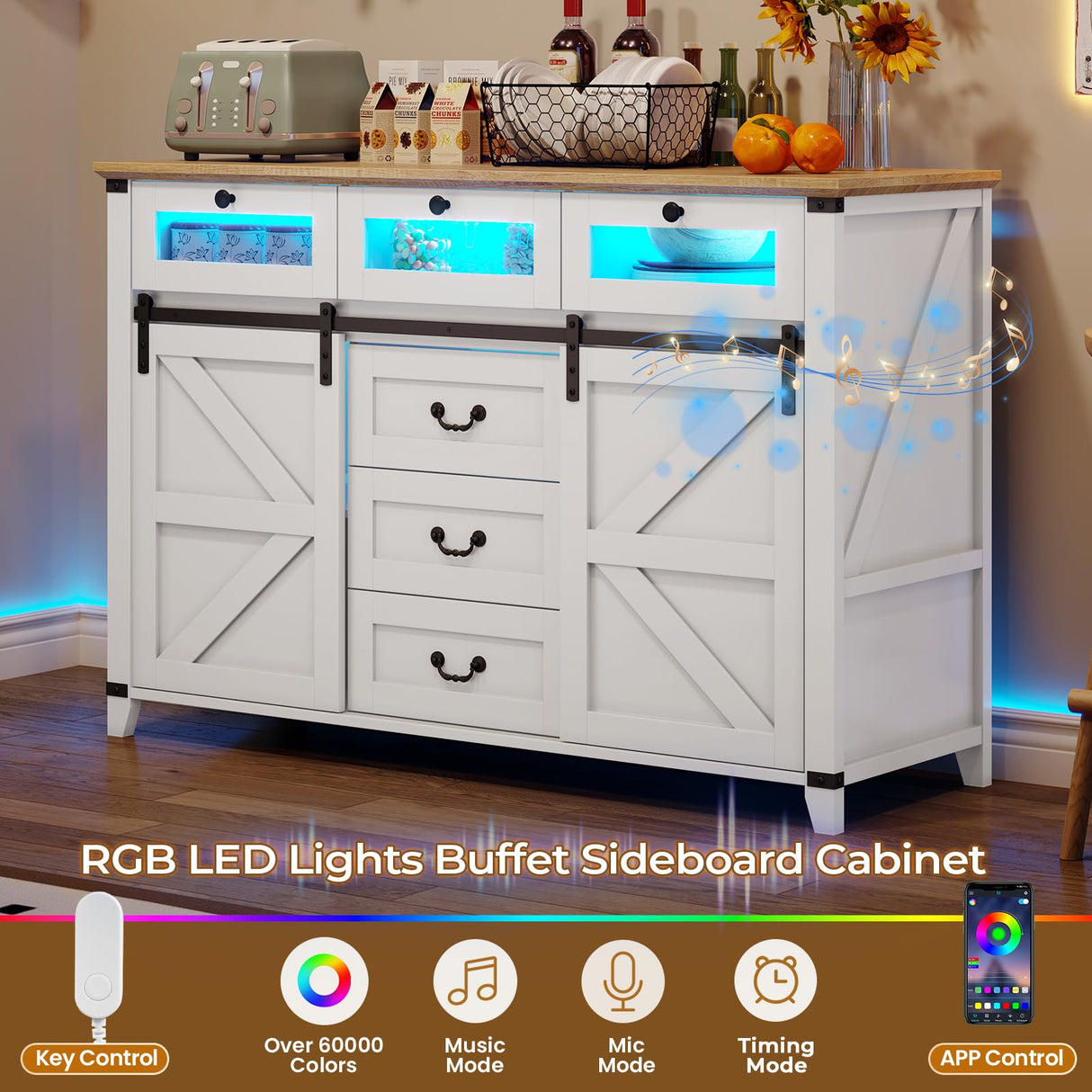 Tiptiper Buffet Sideboard Cabinet with Storage & LED Lights, 6 Drawers & 2 Sliding Barn Door, Farmhouse Buffet Table Coffee Bar Storage Cabinet for Dining Room, Living Room (White) Tiptiper