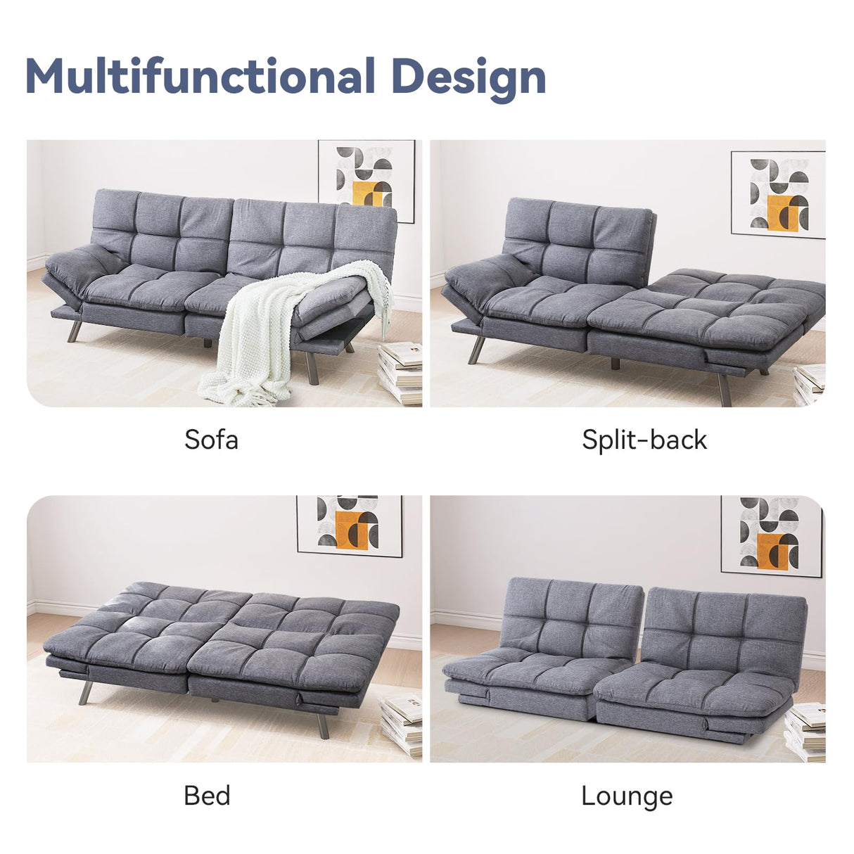 Hcore Convertible Splitback Futon Sofa Bed for Living Room, Office, Apartment - Memory Foam Sleeper Loveseat, Modern Small Couch in Grey Hcore