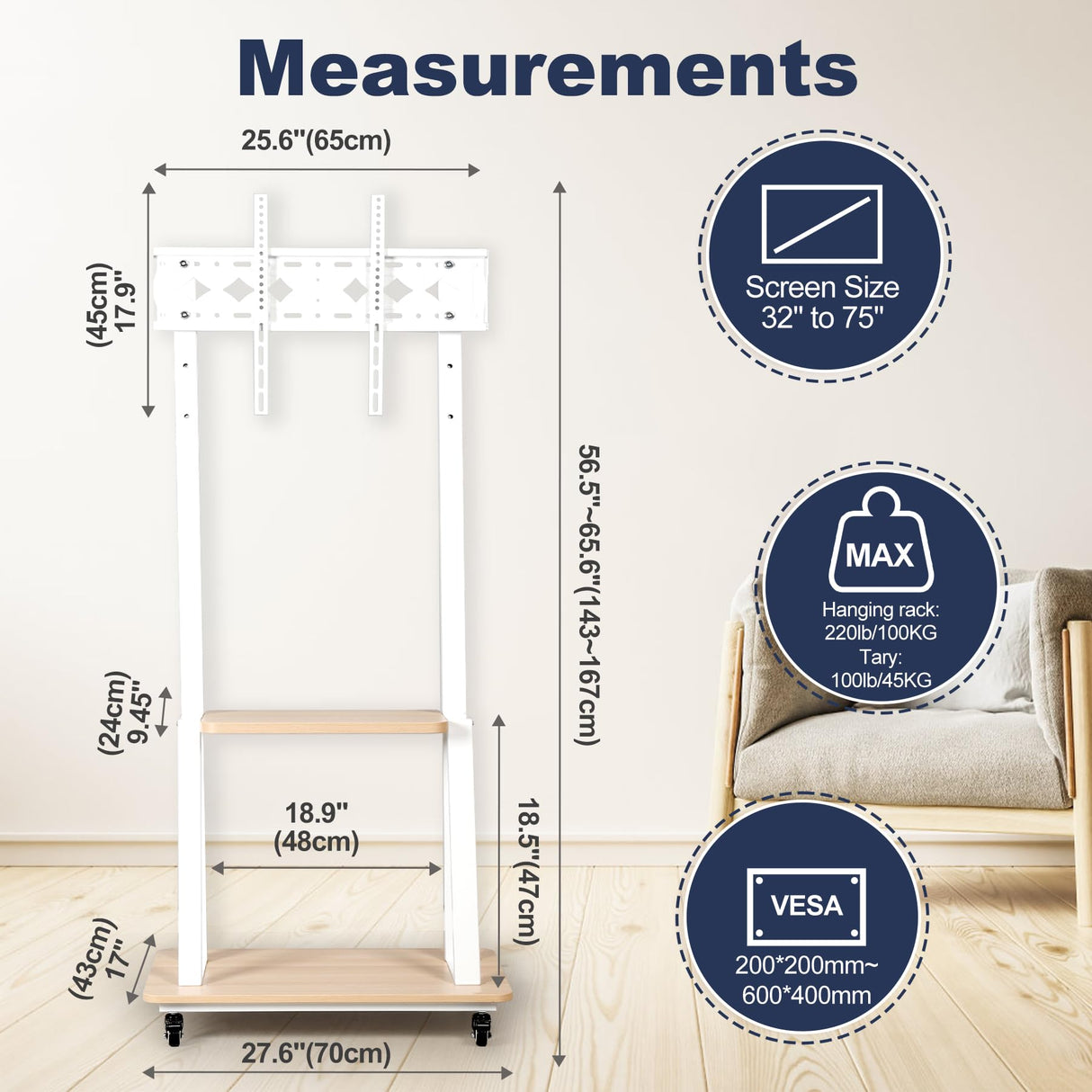 Mobile TV Stand Rolling TV Cart with Wheels for 32-75 Inch Flat/Curved Led/Lcd/Oled Portable Floor TV Stand with Laptop Wood Shelf Height Adjustable Heavy-Duty Holds up to 100lbs White Hellsehen