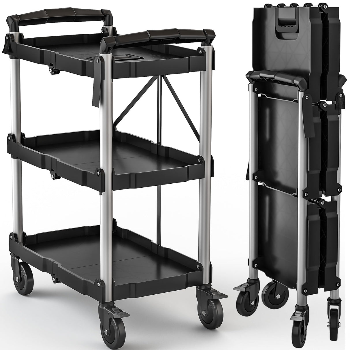 DWVO 350 LBS Foldable Utility Cart, Folding Utility Cart on Wheels, Folding Service Cart Collapsible Utility Cart with Wheels, Collapsible Rolling Cart with Locking for Garage Home Restaurant DWVO
