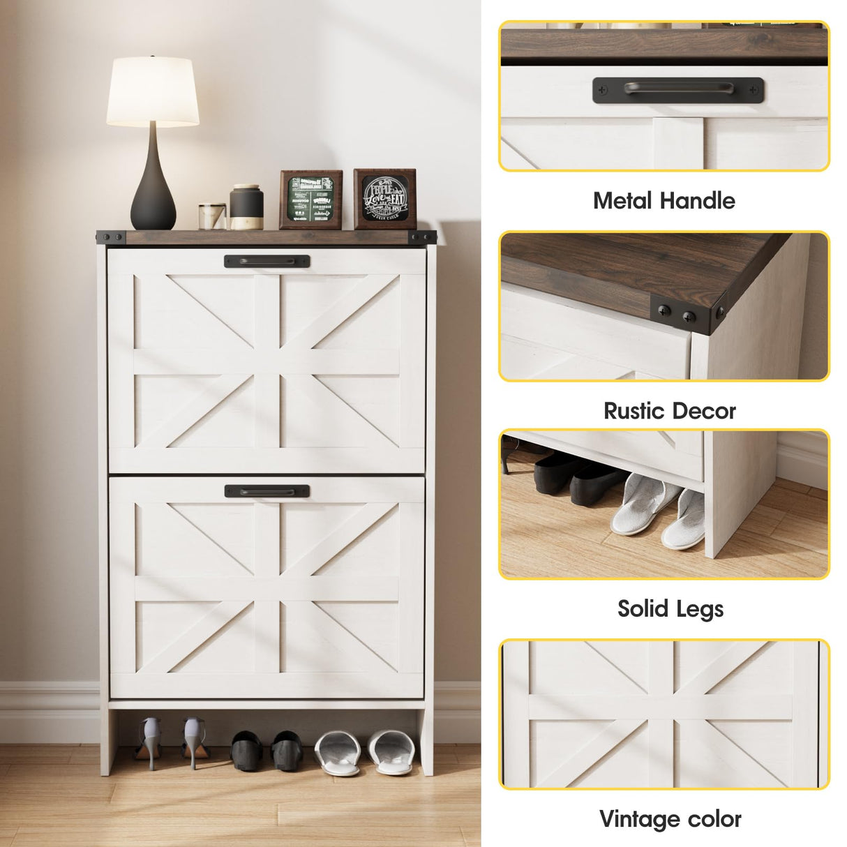 Halitaa Shoe Storage Cabinet for Entryway,Farmhouse Slim Shoe Cabinet with 2 Flip Drawers,Narrow Shoe Rack Cabinet for Entrance Hidden Shoes,White Halitaa