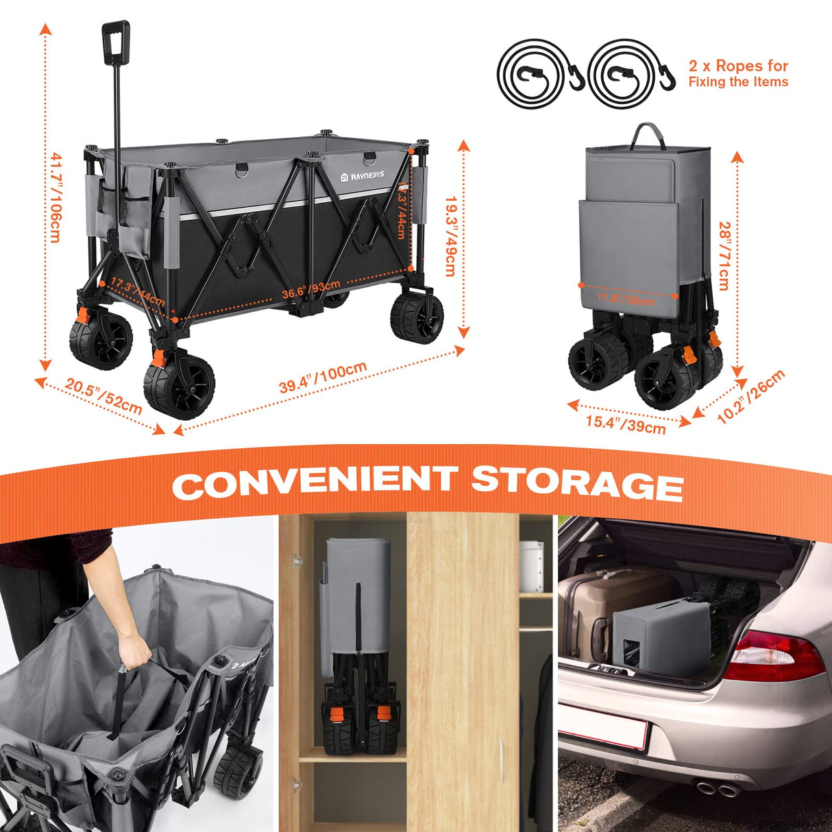 Collapsible Foldable Wagons, 440 lbs Weight Capacity Beach Wagon with Big All-Terrain Wheels, Heavy Duty Foldable Wagon,Utility Wagon Carts for Outdoor, Sports, Shopping, Camping, Black & Gray Raynesys