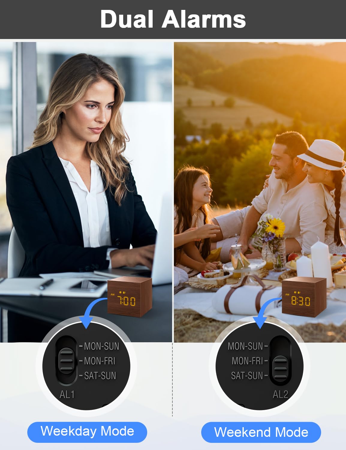 Digital Alarm Clock, with Wooden Electronic LED Time Display, 3 Alarm, 2.5-inch Cubic Small Mini Wood Made Electric Clocks for Bedroom, Bedside, Desk, Brown JALL