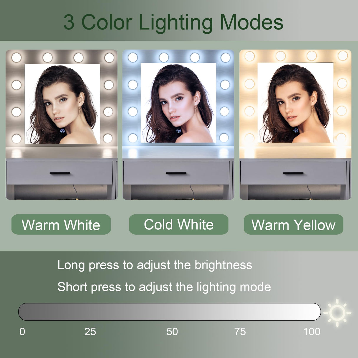 MECHYIN Vanity Desk with Lights, Make up Vanity Desk with Mirror and Power Outlet, Large Makeup Vanity with Dividers and Hair Dryer Rack, Vanity Set 3 Lighting Modes Brightness Adjustable MECHYIN