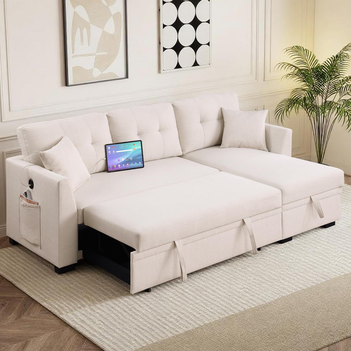 Yafylly L-Shaped Sofa with Storage and Pull-Out Bed, Convertible Futon Chaise Lounge with Ports, Recliner for Living Room, Bedroom, Apartment, Office, Beige Yafylly