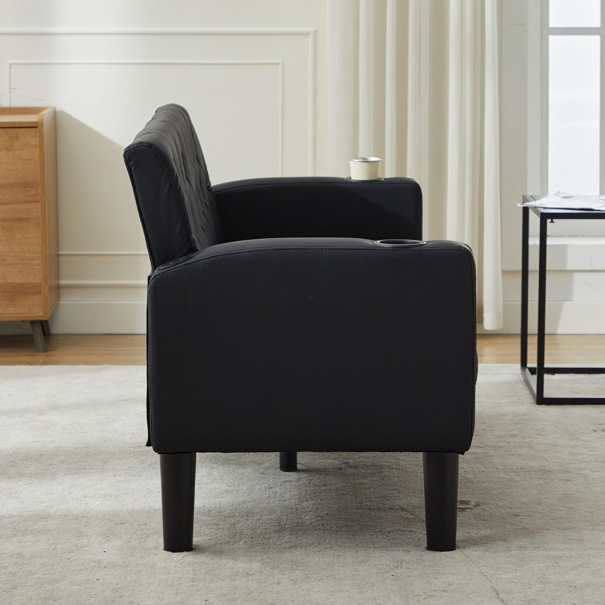 TYBOATLE 62" W Loveseat Sofa w/ 2 USB Charger Ports and 2 Cupholders, Mid-Century Modern Tufted Black Leather Small Love Seat Couches for Compact Living Room, Office, Bedroom, Apartment, Dorm TYBOATLE