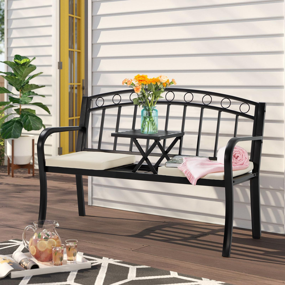 AVAWING Outdoor Metal Garden Bench, 2-Seat Patio Porch Bench with Steel Frame, Park Bench w/Pullout Middle Table& Cushion for Backyard Lawn Deck Entryway, Black AVAWING