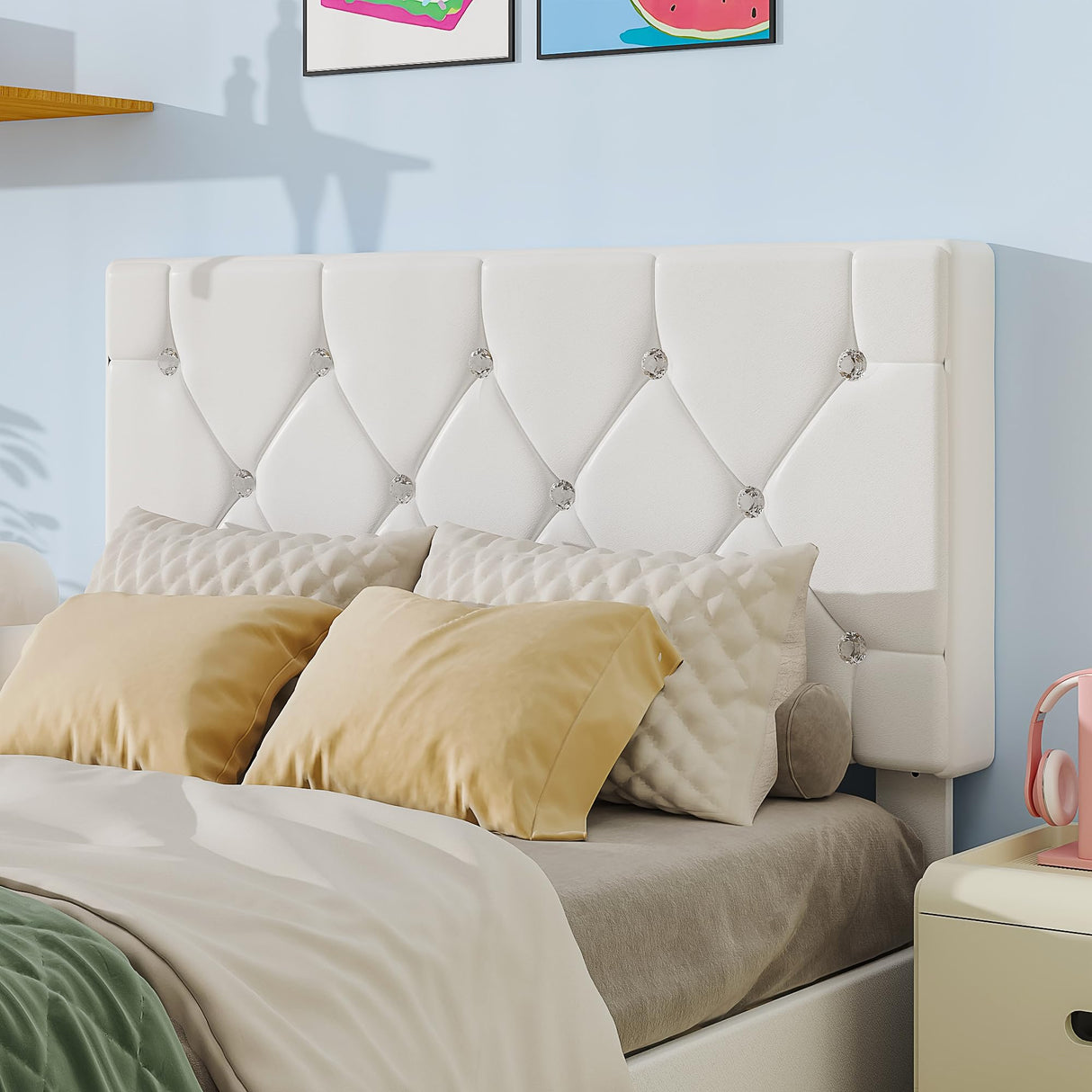 VECELO Twin Size Bed Frame with Storage Drawers, Leather Upholstered with Diamond Tufted Headboard, Solid Wood Slat Support, No Box Spring Needed, White VECELO