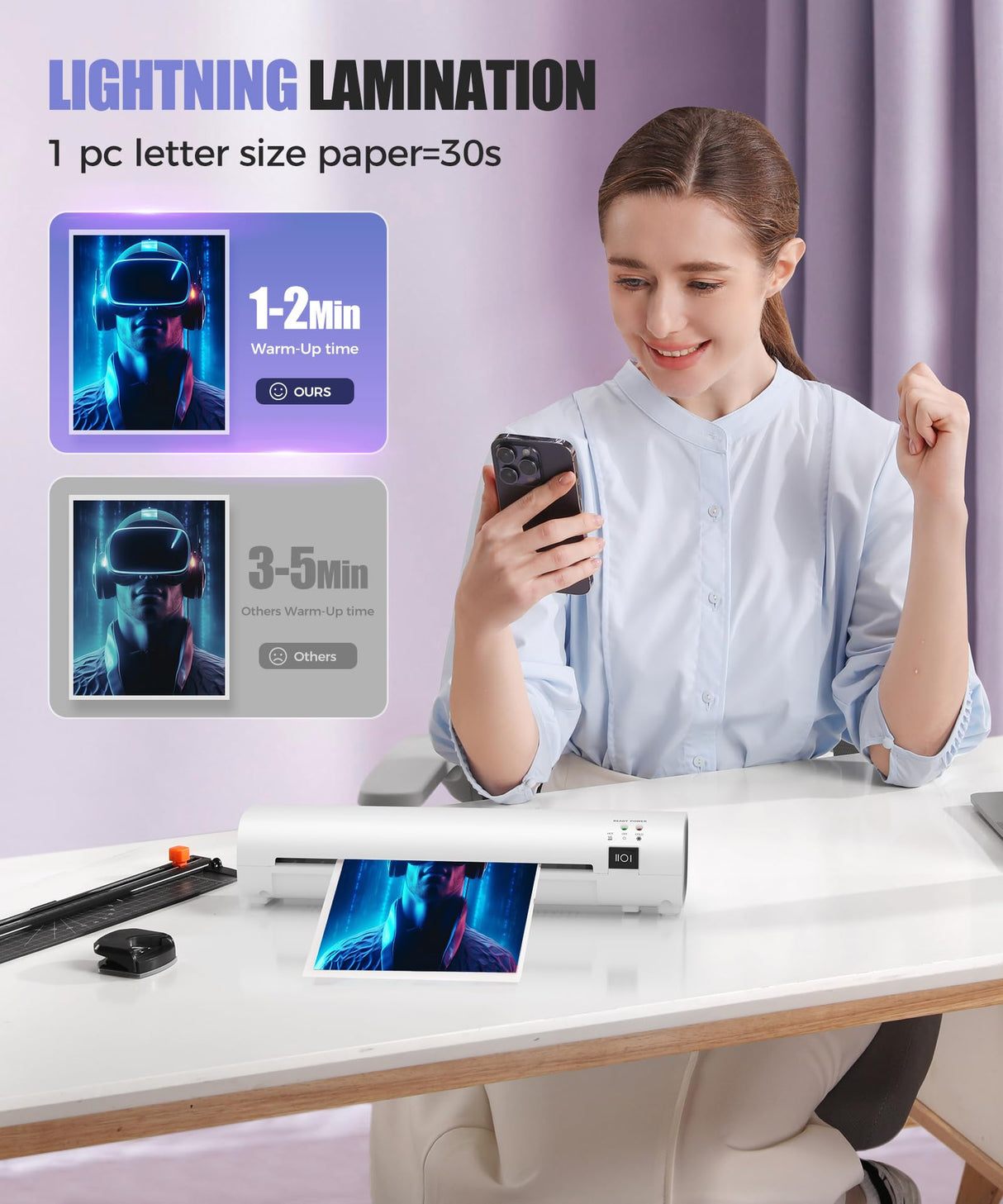 9 Inch Laminator Machine with Never Jam Technology, 40 Laminating Sheets, 4-in-1 A4 Thermal Laminator with Trimmer and Corner Rounder for Office, School, Business and Home Use - White Ibzdi