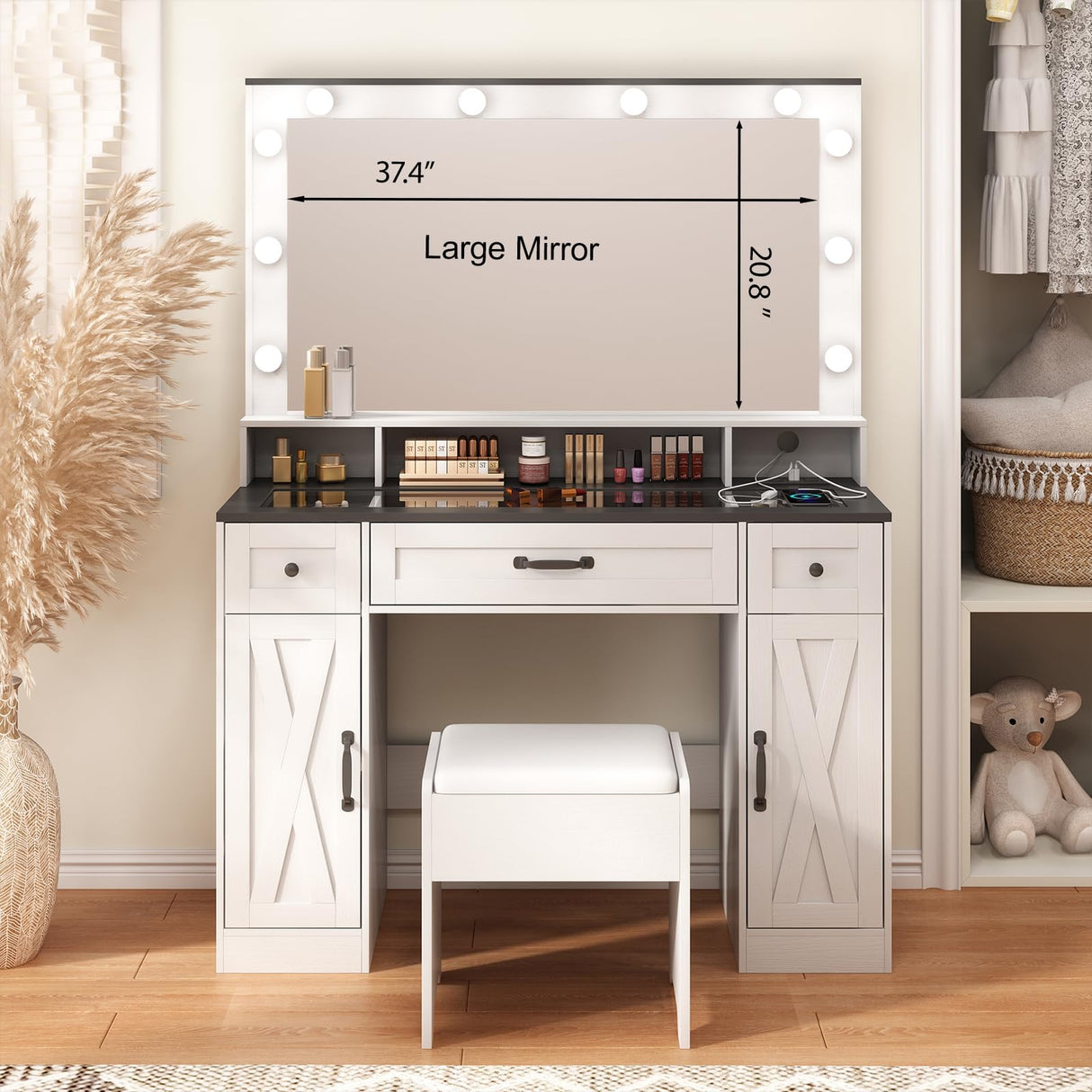 Fameill Makeup Vanity Desk with Lights and Mirror, Vanity Table Set with Stool, Charging Station, Glass Top, Large Mirror with 3 Lighting Modes, 3 Drawers & 2 Cabinets, White Fameill