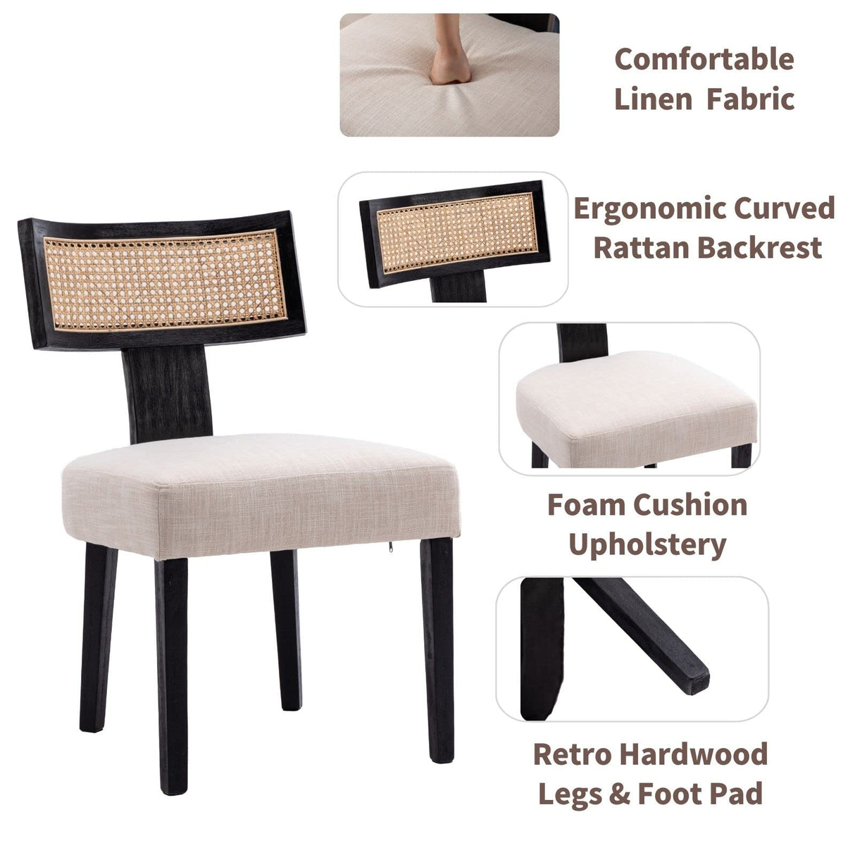 HNY Mid Century Modern Rattan Dining Chairs Set of 6, Farmhouse Linen Upholstered Accent Chair Curved Backrest Kitchen Chairs, with Black Hardwood Frame, Beige HNY