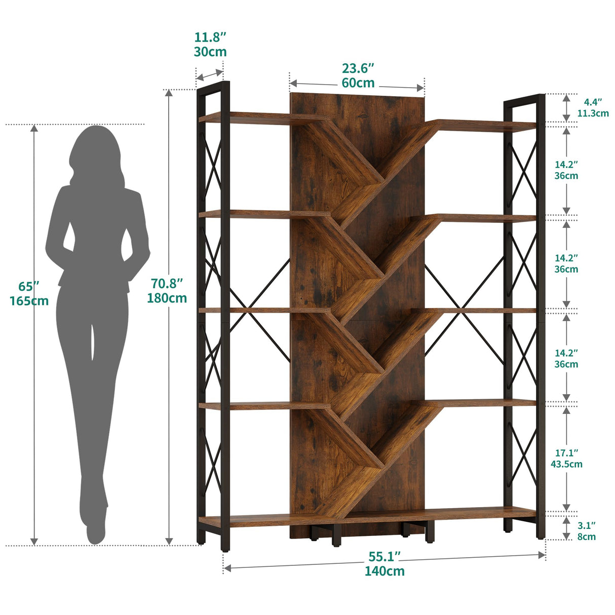 YITAHOME Industrial Tree Bookshelf, Large 5 Tier Bookcase Tall Standing Book Shelves Organizer Display Rack for Living Room Home Office, Rustic Brown YITAHOME